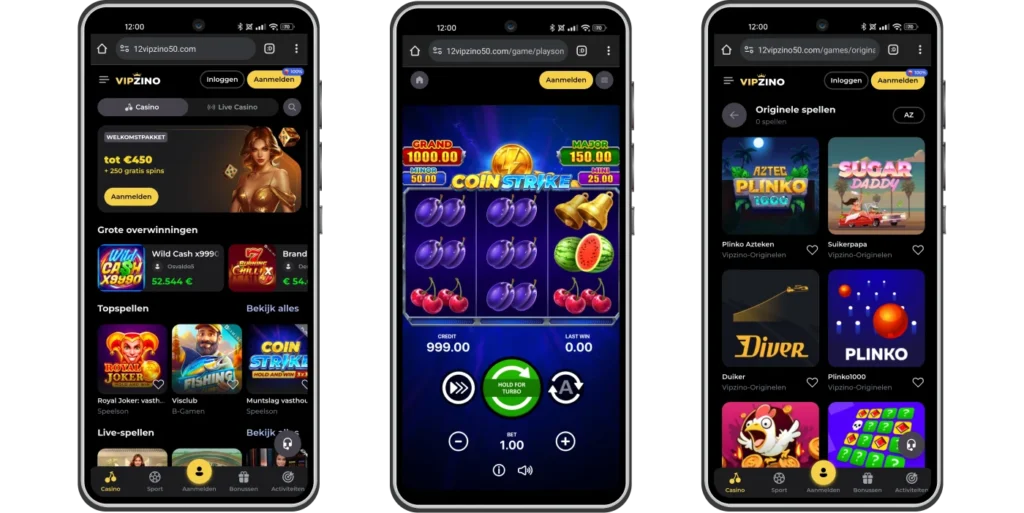 Mobiele versie en casino app interface van Vipzino op smartphone